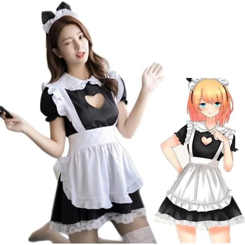 Lovely Black Cafe Maid Cosplay Costume Lolita Cute Dress with Apron Restaurant Waiter Uniform for Women Bow Headdress