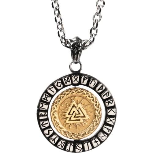 The Odin Head Viking Valknut Necklace For Men High Speed Rotation Stainless Steel Pendant