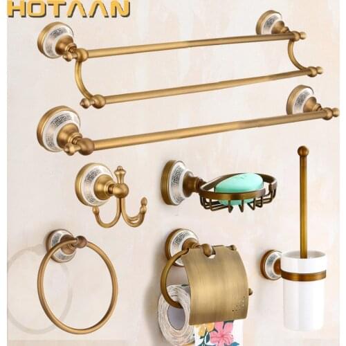Antique Brushed Solid Brass Bathroom Accessories Sets European Porcelain Bathroom Hardware Sets Ceramic Retro Bathroom Products