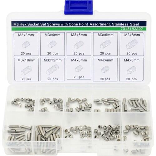 M3 Hex Socket Set Screws with Cone Point Assortment Kit,Stainless Steel,200 pieces