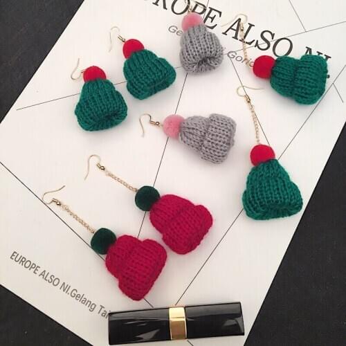 NEW Christmas Hat Earrings Knitted Wool Hat Earring Cute Pendant Personality Funny Hair Ball Earrings
