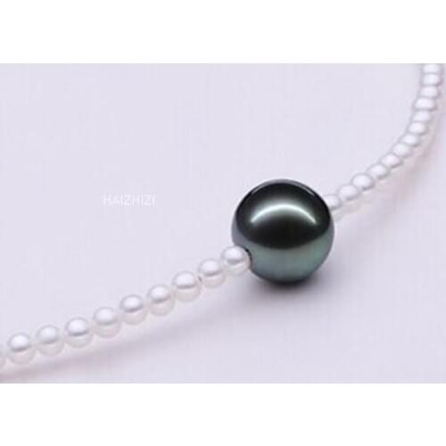 18"AAA 9mm natural tahitian black south sea white pearl necklace 925silver
