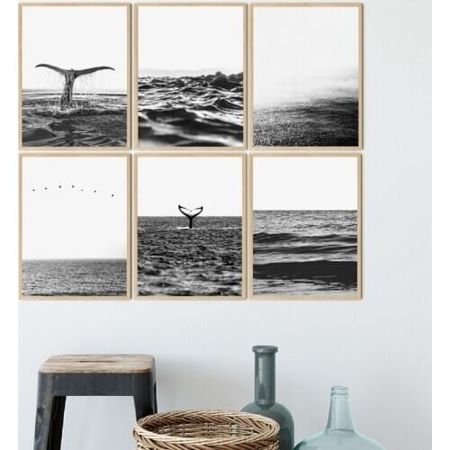 Black White Beach Seascape Scandi Posters and Prints Whale Ocean Photography Gallery Wall Art Canvas Painting Picture Home Decor