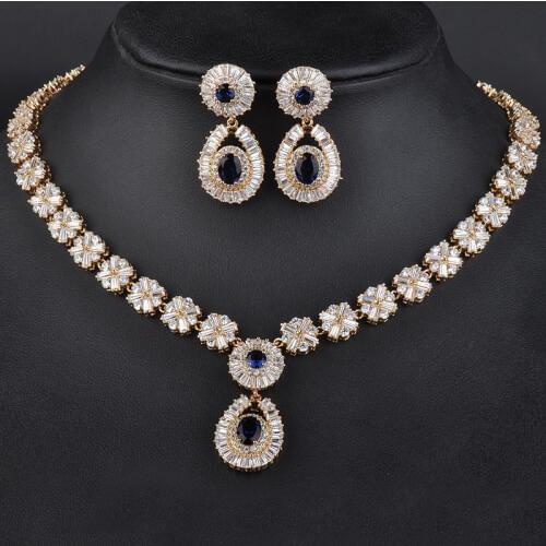 Classic Luxury Jewelry New Woman Africa Style Bule Cubic Zircon Pendant Necklace&Earrings Jewelry Sets Wedding Gift GLN0116