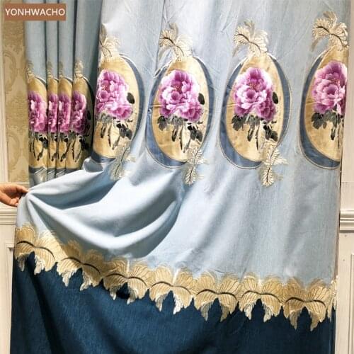 Custom curtain Luxury living room chenille embroidery floor-to-ceiling windows blue cloth blackout curtain tulle drapery C773