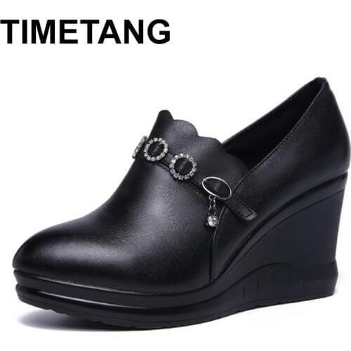 TIMETANGDeep Mouth Split Leather Shoes Black Platform High Heels Shoes Crystal Pumps Dance Shoes For Ladies Womens Fashion