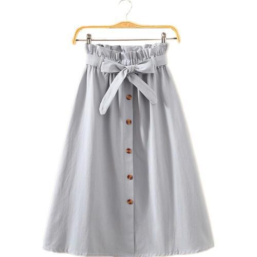 Spring Summer Women White Black Skirt Knee Length Korean Elegant Button High Waist Skirts Womens Pleated School Women Skirt