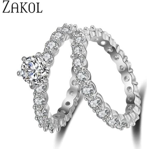 ZAKOL Fashion Round Cubic Zirconia 2 pcs Ring Set Wedding Jewelry Female Engagement Ring For Women Crystal Party Gift FSRP155