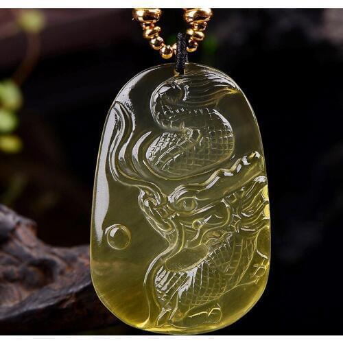Yellow Natural Crystal Pendants Carved God Dragon Card Pendant Domineering Sweater Chain Necklace Luck for Women Men Jewelry