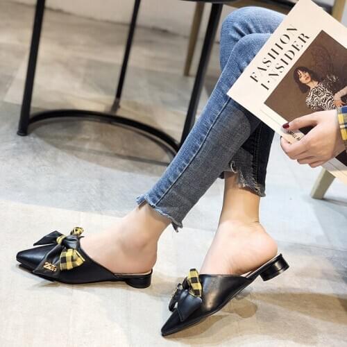 2020 New Summer Slippers Women Shoes Woman Mules Colorful Bow Knot Casual Shoes Thick Mid Heels Pointed Toe Sexy Ladies Shoes