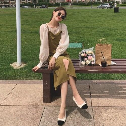 Temperament Ins sweet bubble sleeve Round Neck Chiffon T-shirt sling flanging split A-line dress two piece womens set