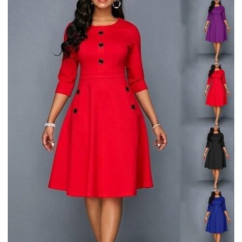 Fashion Women Retro Tunic 3/4 Long Sleeved Solid Bodycon Dresses OL Ladies Autumn O-Neck Solid Button Vintage Dress