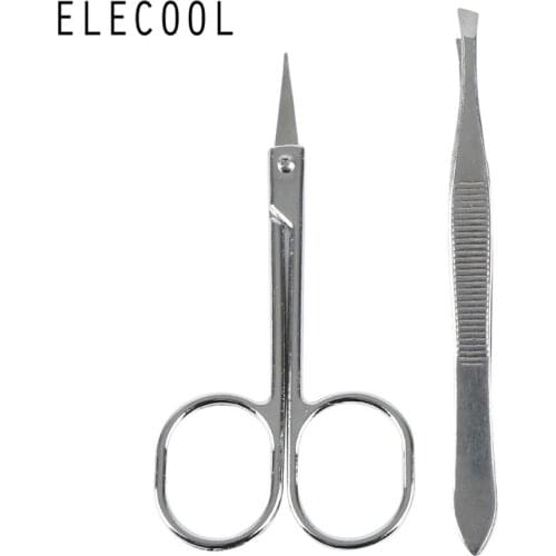 ELECOOL 2pcs Eyebrow Tweezers Scissors Kit Set Beauty Tool For Face Nose Hair Remover False Eyelashes Clip Facial Makeup Tool
