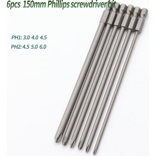 6pcs Phillips screwdriver bit 150mm long with magnetic PH1 PH2 screwdriver bit S2 alloy steel material