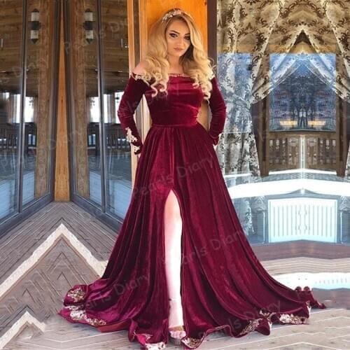 Burgundy Boat Neck Evening Dresses Appliques Long Sleeves Velvet Prom Gown 2021 Custom Split Slit Party Dress Morocco Kaftans