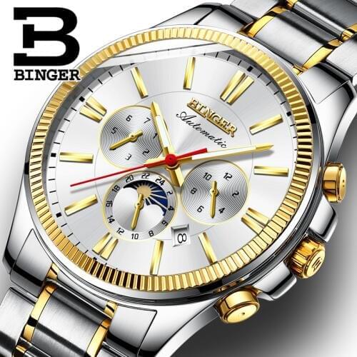 Switzerland BINGER Watch Men Sports Military Automatic Mechanical Watches Wristwatches relogio masculino Mens Watches Moon phase