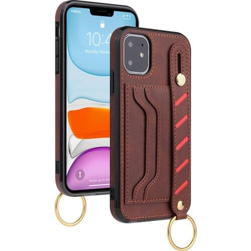 Business TPU Leather Phone Case with Wrist Band Card Slot Lens Protection Portable Case for iPhone 12 Pro 11 XS Xiaomi Huawei