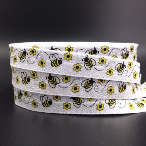 New Arrival 5/8" Bee Print Fold Over Elastic 10 yards/lot White Honeybee FOE Ribbon for Hair Tie DIY Headwear Hair Accessories