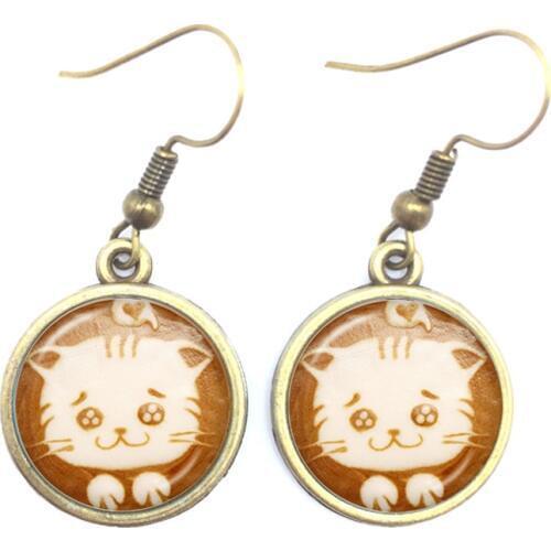 Coffee Latte Carving Chocolate Printing Cat Glass Cabochon Earrings Love Heart Flower Clover Snowflake Jewelry For Women Girls