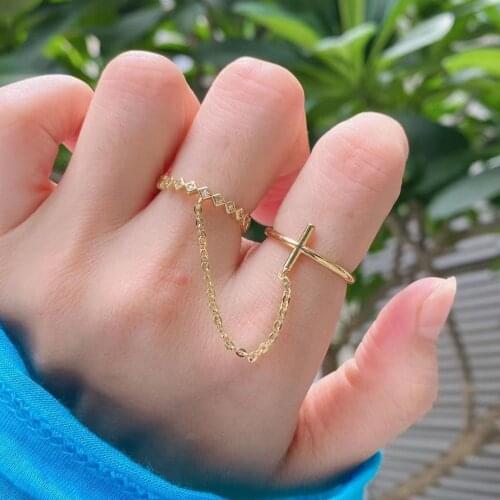 5PCS, 2021 Retro Punk Hip Hop Cross Ring Finger Chain Adjustable Two Link Ring Jewelry Gift Mens Womens Gothic Gold Rings