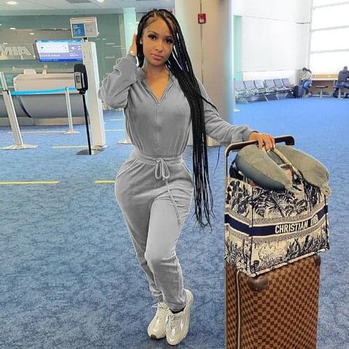 Simple Solid Velvet One Piece Overalls for Women Zipper Front Long Sleeve Sport Jumpsuit Active Wear Velour Romper Bodysuits