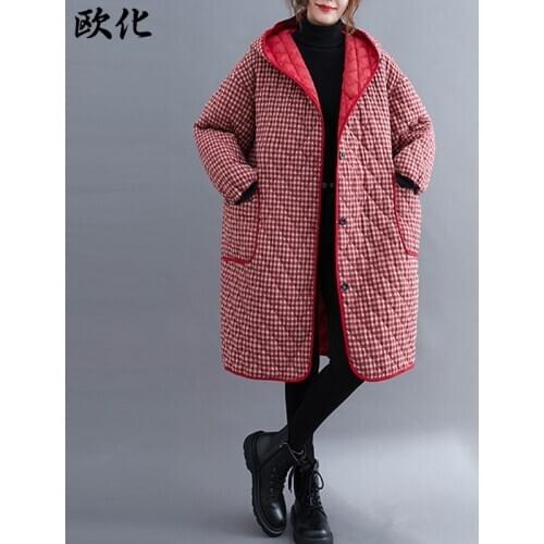 Oversize Thickening Warm Wadded Jacket Plaid Parka Female Plus Size 2020 New Winter Long Cotton-Padded Jacket Female Down Parkas