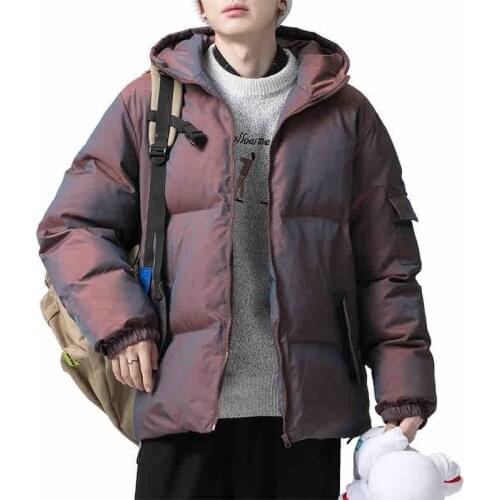 2021 Winter New Hong Kong Style Poster Wall Large Size Mens Colorful Reflective Cotton Jacket Hooded Bread Jacket Casual Jacket