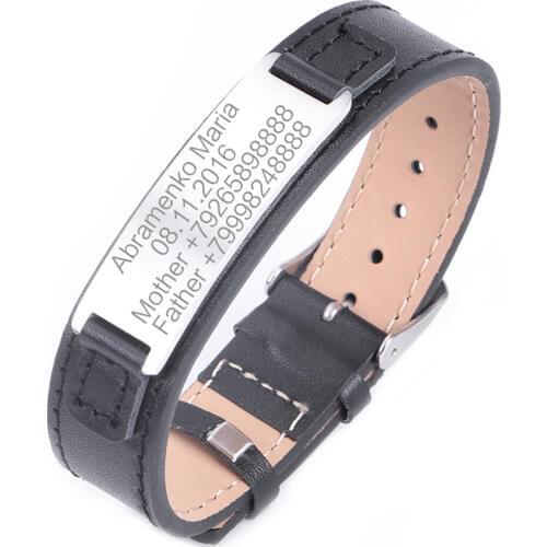 Personalized Leather Bracelet Custom Engraved Name Mens Bracelets Bangles Stainless Steel Punk Jewelry Lettering Bangle Wristand