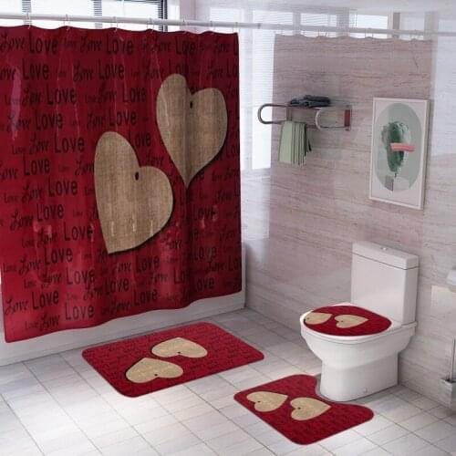 Love Wood Grain Bathroom Set Valentines Day Fabric Shower Curtain Anti Slip Rug Lid Toilet Cover Bath Mat Carpet Home Decor