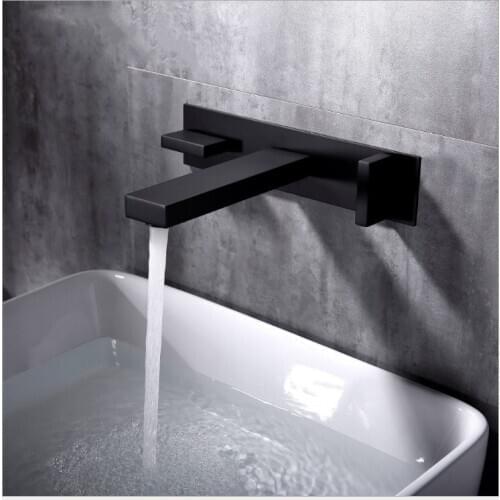 Wall Mounted Brass Basin Faucet Dual Handle Mixer Tap Hot Cold Square Bathroom Water Bath Set Matt Black