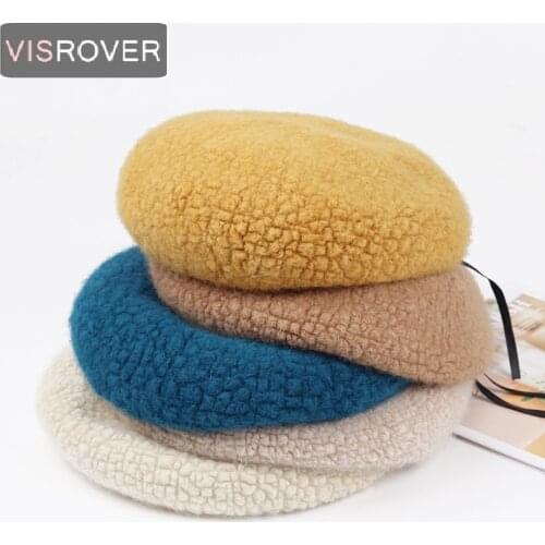 VISROVER 2020 New cute fake sheepskin Beret Solid Autumn Hat Winter Cap Spring top quality Beret Hat Rabbit Beret gift Wholesale