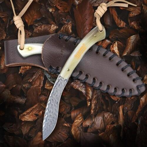 Handmade forged Damascus steel hunting knife 60HRC Damascus Steel fixed knife Horns handle with Leather sheath Tools