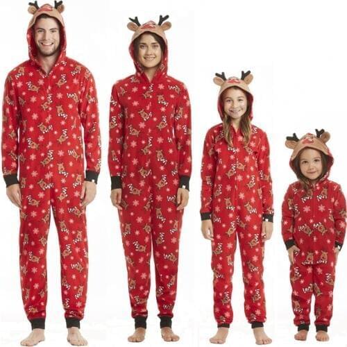 Sexy Sleepwear Red Cotton Christmas Set Winter Pyjamas Women Men Kids Baby Nightwear Plus Size Sloth Hooded Zipper Pijama Mujer