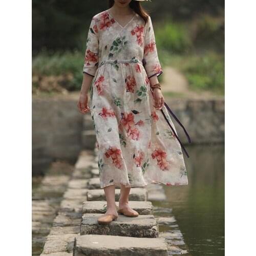 Preppy Half Sleeve Blooming Flower Tree Print String Waisted Pure Ramie Linen Dress, Summer Thin Cool Bottom Lining V Neck Robes