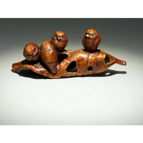 Collect China Old Boxwood Hand-Carved Lovely Bird & Tree Leaves Delicate Statue