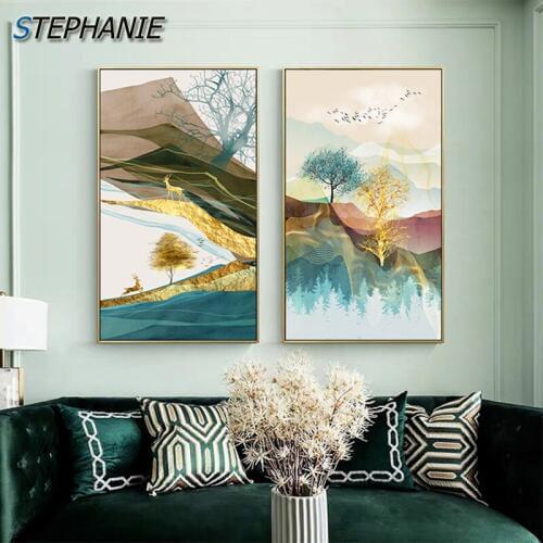 Nordic Golden Deer Tree Canvas Art Golden Mountain Cuadro Poster and Print for Living Room Abstract Sunrise Field Wall Art Decor