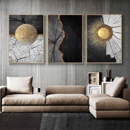 Modern Abstract Wall Art Paintings 3 Panel Golden Black Canvas Painting Wood Texture Nordic Pictures for Living Room Home Decor