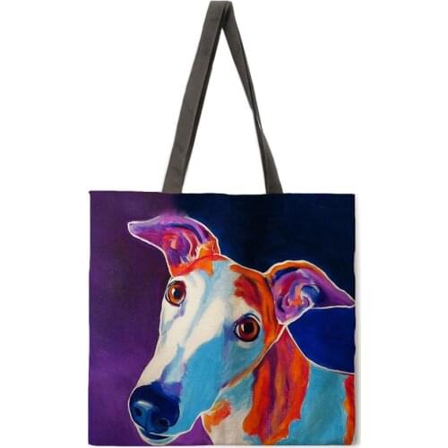 Oil painting dog print tote bag linen fabric casual tote bag foldable shopping bag reusable beach bag lady shoulder bag
