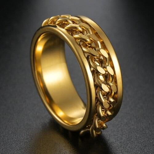 Hiphop Stainless Steel Twist Chain Link Rings For Men Punk Rock Gold Biker Rotating Ring Jewelry Gifts