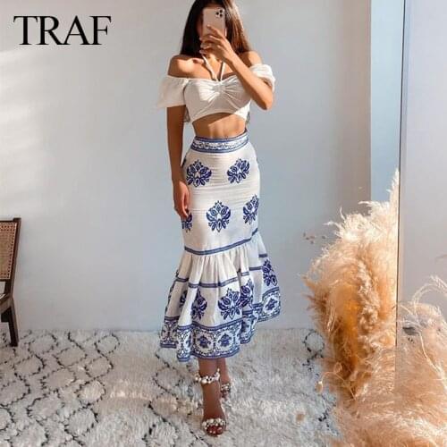 TRAF Summer Womens Skirt Fashion Summer Embroidery Skirts Elegant High Waisted A Line Skirt Women Mid Calf Bohemian Skirts