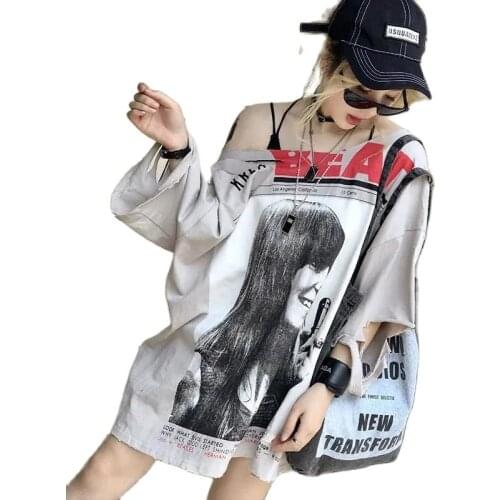 Fashion Tee Shirt Oversize Femme Summer Tshirt Women 2021 New Strapless Torn Wind Short-Sleeved Loose Three-Quarter Sleeve Top