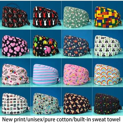 Womens operating room hats cotton Cartoon print hat nurse Scrub hat beauty salon nursing cap laboratory fashion Scrub Cap new