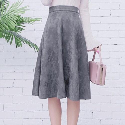 TingYiLi Autumn Winter Suede Skirt High Waist A-line Midi Skirts Womens Gray Beige Black Skirt Elegant Ladies