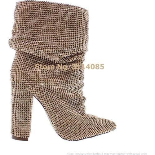 Women Luxury Brand Silver Crystal Boots Chunky Heels Dress Boots Sparkling Middle Boots Loose Style Folded Party Shoes Size43