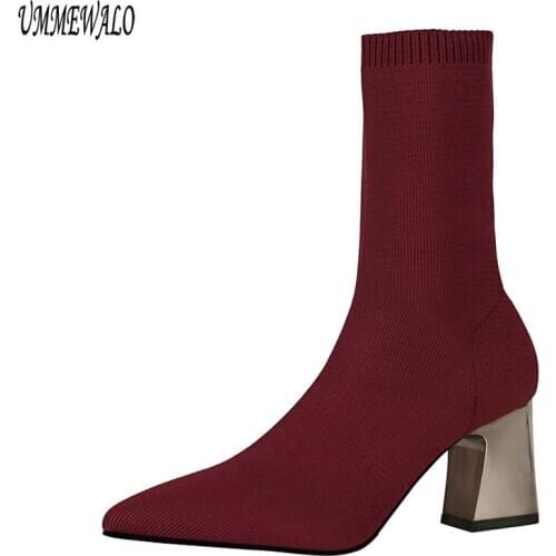 Woman Pointed Toe Stretch Sock Boots Women Fashion High Heel Shoes Ankle Length Boots Winter Ladies Shoes 336-7