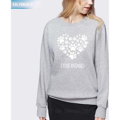 2019 Winter Womens Hoodies Long-sleeved Pullover Casual I Love Animals Heart-Shaped Cat Footprints Printed Sweatshirts Ladies