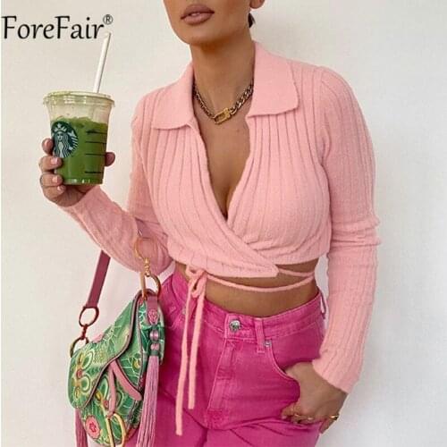 Forefair Knitted Long Sleeve Sexy Y2k Top V Neck Autumn Winter 2021 Fashion Bandage Women Casual Sweater Cardigan