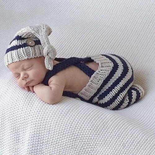 Baby Photo Costume Clothes Newborn Girls Boys Photography Prop Crochet Knit Overall Bib Pants + Hat 2pcs Sets Striped Outfits