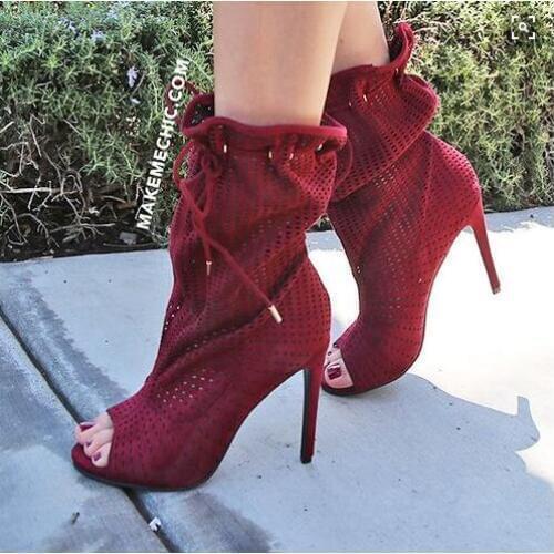 Sexy Red Socks Ankle Boots Peep Toe Ankle Lace-up Cut-outs Women High Boots Breathable Strtech Fabric Rubber Boots Women