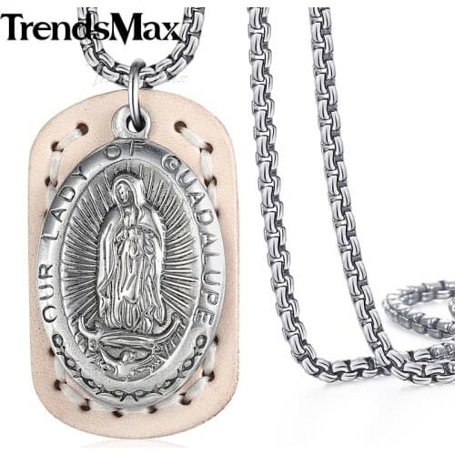 Trendsmax Virgin Mary Pendant Necklace for Men Women Stainless Steel Box Chain Beige Leather Tag KKNM155